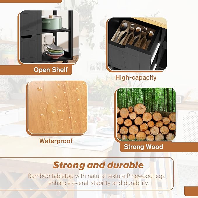 SUNLEI Kitchen Island with Storage Cart Rolling Coffee Small Butcher Block Table Microwave with 3 Drawers on Wheels Station Portable Mobile Narrow Moveable Utility Counter Wood Top Spaces Bar Food