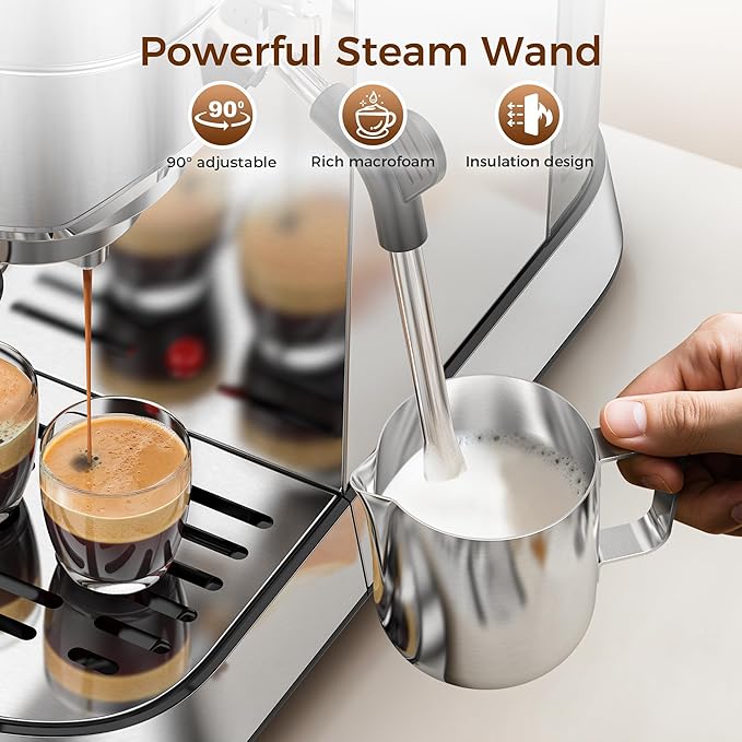 Kndko Espresso Machine, 20 Bar Espresso Coffee Machine with Milk Frother, Compact Stainless Steel Coffee Maker with 34oz Removable Water Tank for Cappuccino, Latte