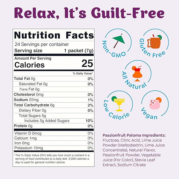 Craftmix Passionfruit Paloma Cocktail & Mocktail Drink Mixer, Skinny Mixes - Water Flavoring Packets - Made With Real Fruit - Vegan, No-Carb, No-Sugar, Non-GMO, Dairy Free, Gluten Free, 24 Pack