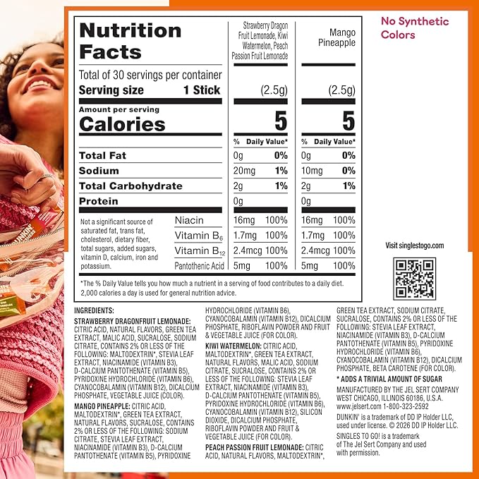 Dunkin’ Zero Sugar Refreshers Singles To Go! Powdered drink mix packets, 30 Ct Variety Pack, 30 Single serve Packets per Box (30 servings), Energy from Green Tea, aspartame-free, no synthetic colors, naturally and artificially flavored, just add water