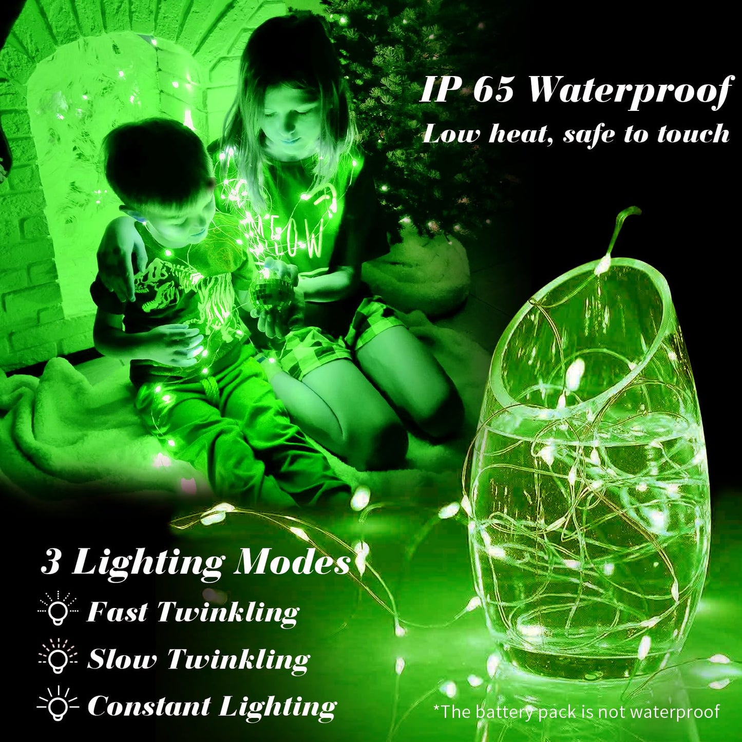 ZGWJ 8 Pack Fairy Lights, 7ft Mini LED String Lights, Battery Operated, Silver Wire, 3 Modes, Green, Model D2-2MXD-8GN