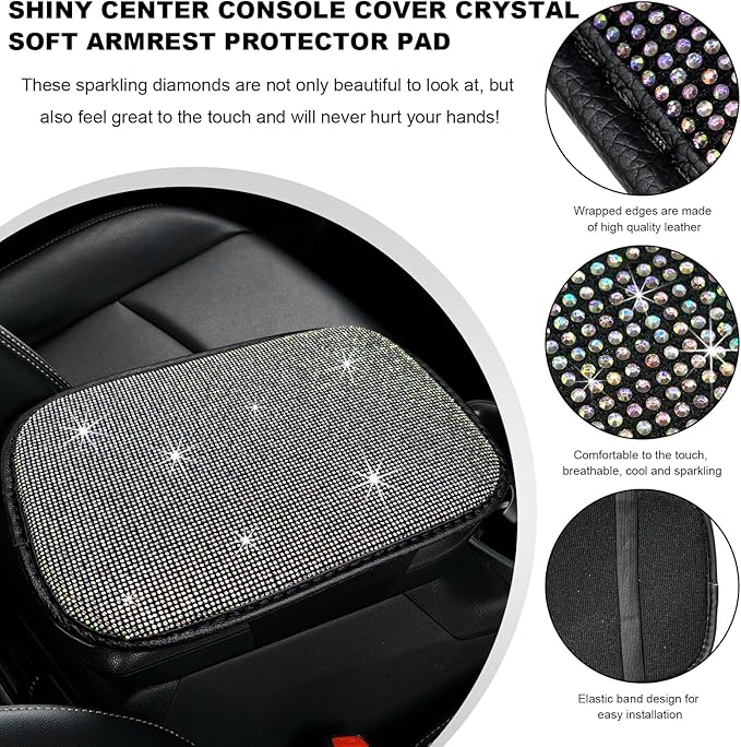 Bling Car Armrest Cover, 11.8"×8.5" Crystal Rhinestone Auto Center Console Protective Cover, Bling Charming Arm Rest Cushion Pad for Most Cars SUVs Trucks, Car Accessories (Black&Colorful)