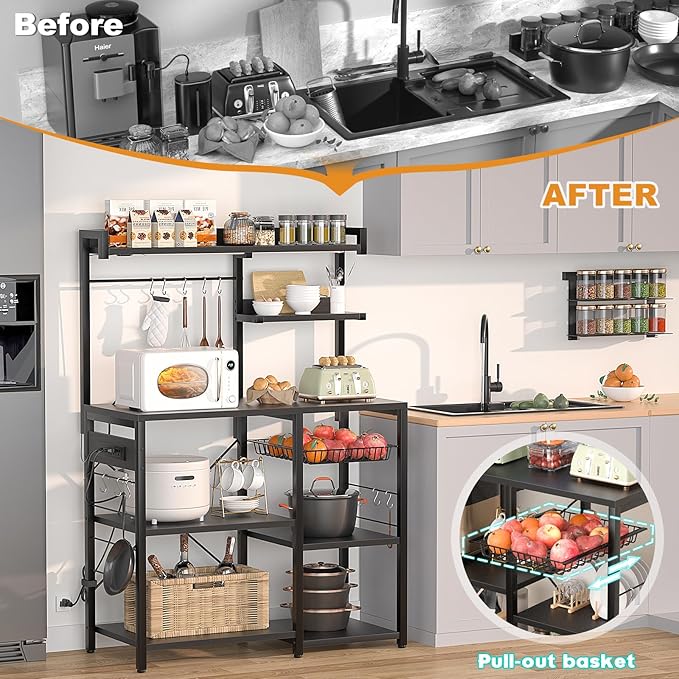 Aheaplus Bakers Rack with Power Outlet and LED light strings, Microwave Oven Stand Kitchen Storage Shelf with Wire Basket, Coffee Bar Station Island table with 10 hooks for Spices, Pots, Pans, Black