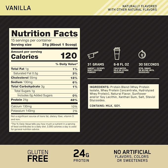 Optimum Nutrition Gold Standard 100% Whey Protein Powder, Naturally Flavored Vanilla, 15 Servings (Packaging May Vary)