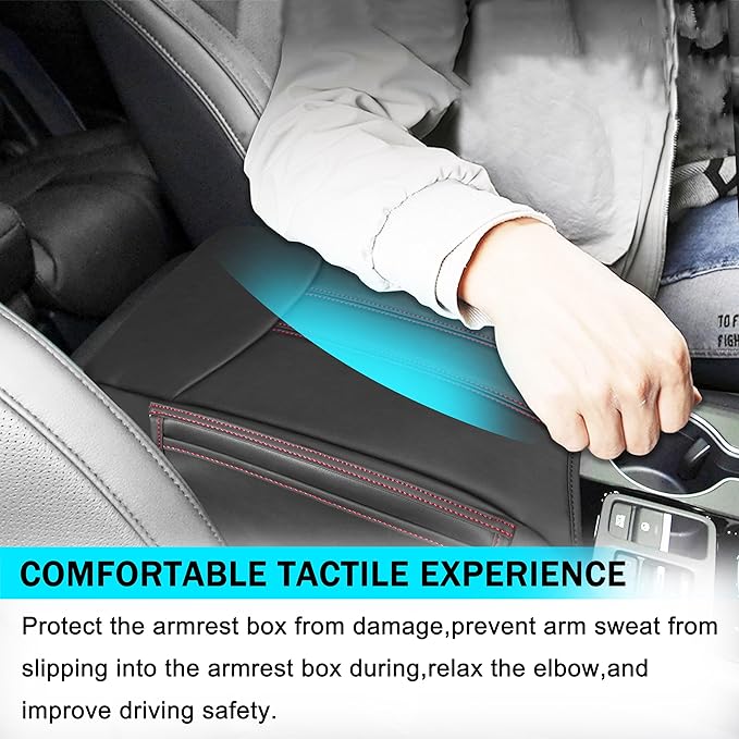 SENSHINE Armrest Cover for Honda Pilot Accessories 2023 2024 2025 2026 Center Console Cover Anti-Scratch Leather Armrest Protector Middle Console Pad with Side Pockets for Honda Pilot (Red Stitch)