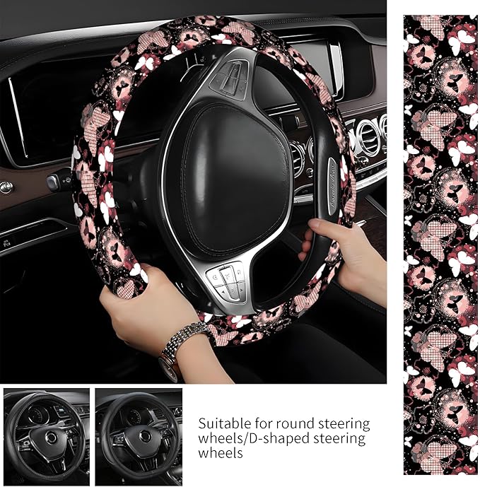 Steering Wheel Covers for Car, Truck, and SUV, Cute Non-Slip Breathable Elastic Steering Wheel, Car Accessories, Universal 15 Inch Leather Cover for Men Women Butterfly Hearts
