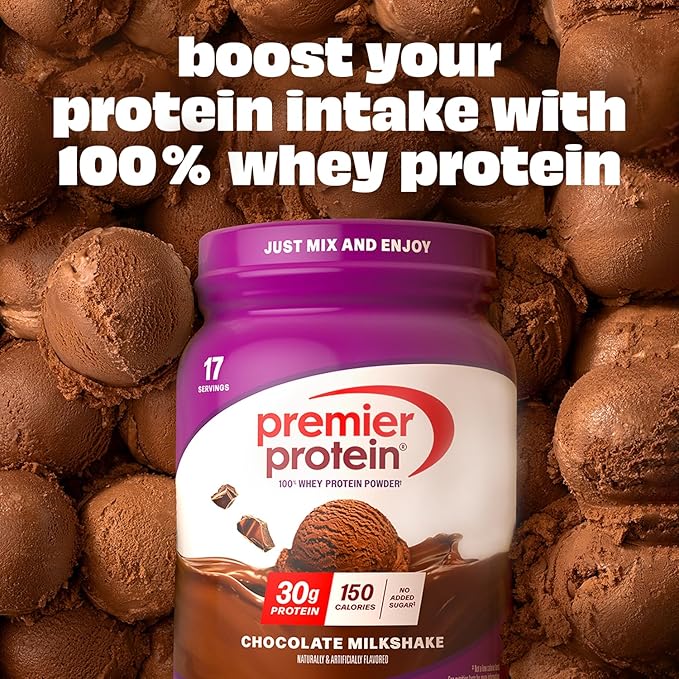 Premier Protein Powder, Chocolate Milkshake, 30g Protein, No Added Sugar, 100% Whey Protein, Keto Friendly, Soy & Gluten Free, 24.5 oz (17 Servings)