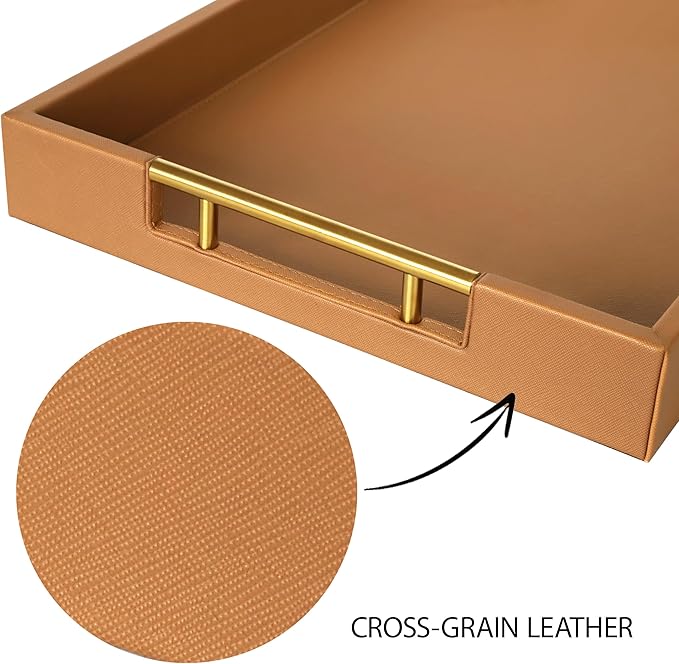HofferRuffer Faux Leather Serving Tray with Gold Metal Handles, Stylish Decorative Tray Organizer for Coffee Table, Ottoman, Home Decor and Serving (Camel, 16.2" x 12.2" x 2")
