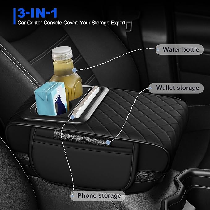 Center Console Cover Leather Armrest Cover Fit for Nissan Sentra 2020-2025 Middle Console Cushion with Storage Box&Cup Holder & Phone Slot(Black)