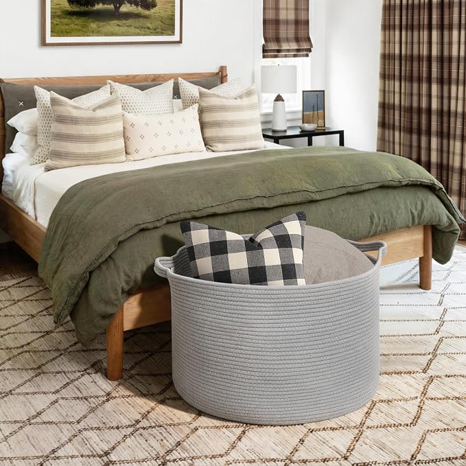 MEGASKET 115L Super Large Gray Blanket Basket, 23.6"x15.7" Woven Cotton Rope Storage Basket for Laundry, Towel, Pillow, Oversized Kids Dog Toy Storage Bin, Grey XXXL Blanket Holder for Living Room