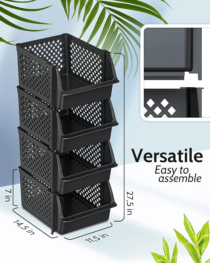 Skywin Stackable Storage Bins Open Front for Pantry Storage, 4 Pack - Black | Sturdy Plastic, Easy Stacking, Open Front Access, Ventilated Sides, Vertical & Space Saving Pantry Organizers and Storage Bin