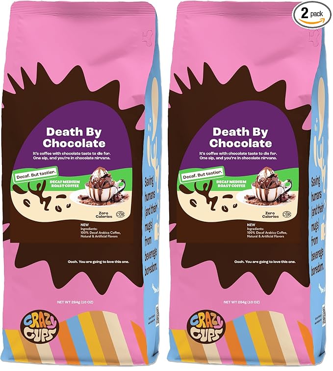 Crazy Cups Flavored Ground Decaf Chocolate Coffee, Decaffeinated Death By Chocolate Coffee in 10 oz Bag, For Brewing Flavored Hot or Iced (Pack of 2)