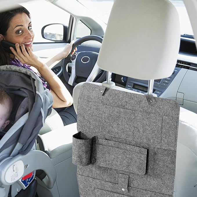 Car Backseat Organizer Bag Hanging Felt Storage Pouch with Kick Protection for Car Seat Back, Medium Gray Small Size, Automotive Interior Storage Solution