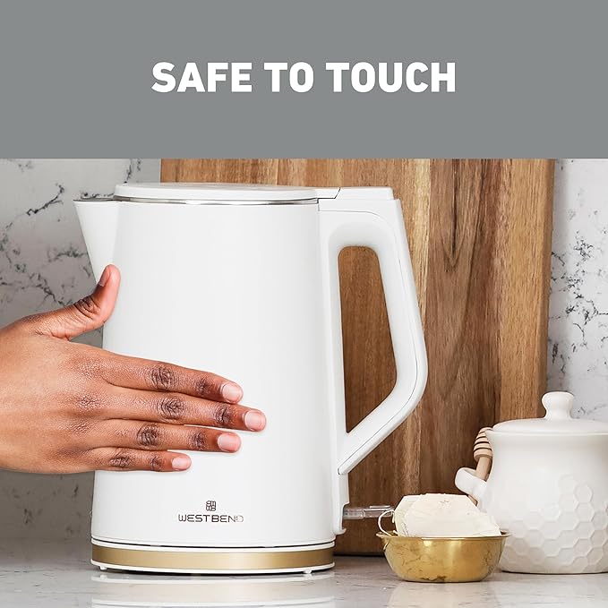 West Bend Timeless Electric Kettle Cordless Serving Features Stainless Steel Interior Boil Dry Protection and Auto Shut Off, 1.5-Liter, White/Gold