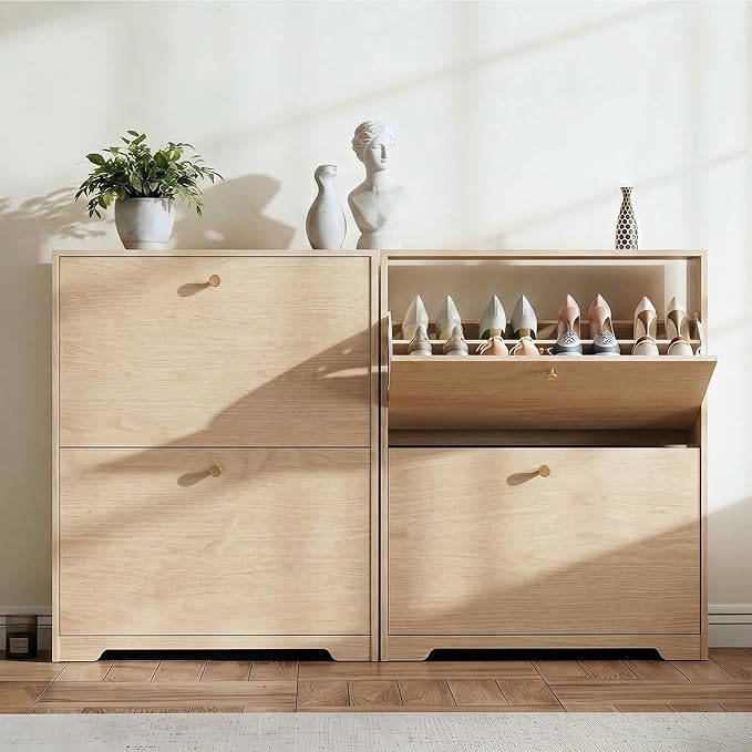 Nicetree Shoe Cabinet with 2 Flip Drawers, Narrow Shoe Organizer Cabinet, Freestanding Shoe Rack Cabinet, Modern Shoe Storage Cabinet for Entryway, Hallway, Foyer Natural Oak with Hook
