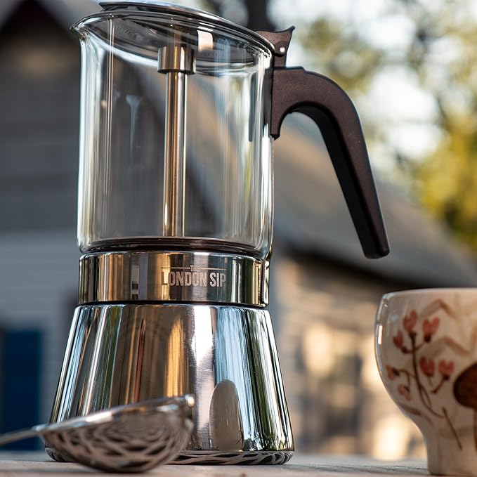 The London Sip Glass and Stainless Steel Stovetop Espresso Maker, Moka Pot Italian Coffee Percolator, Large (15.2 oz)