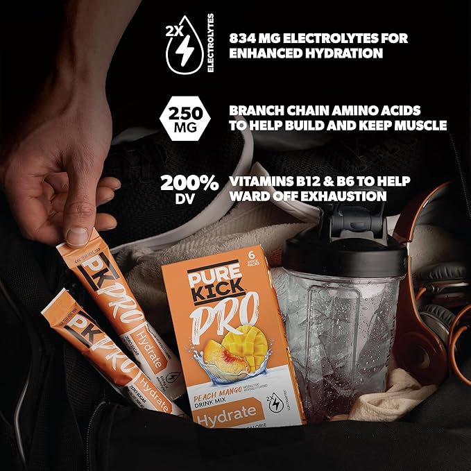 PURE KICK PRO Hydration Electrolyte Drink Mix, Peach Mango, Includes 1 Box with 6 Packets in Each Box