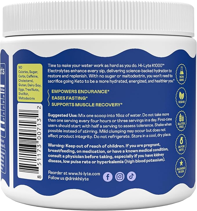 Hi-Lyte K1000 Blue Raspberry Electrolytes Powder, 50 Servings - 1000mg Potassium + Magnesium, Sodium, Trace Minerals - 0 Carbs, 0 Sugar