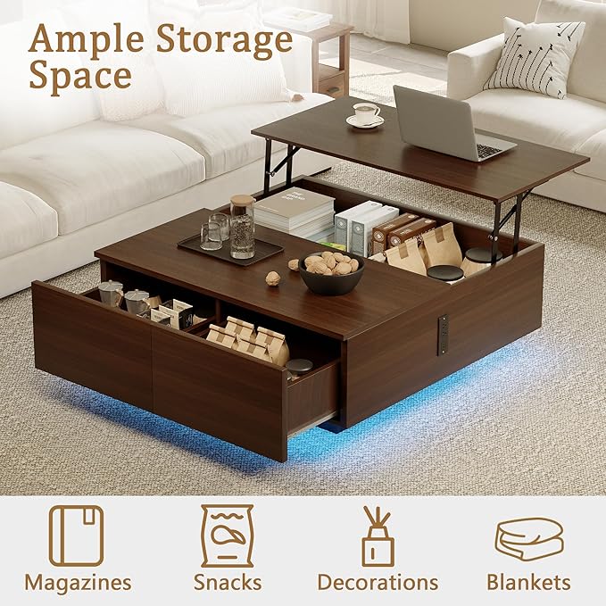 Square Lift Top Coffee Table, 31.5" Wooden Coffee Table with 2 Drawers & Hidden Storage, LED Lights & Charging Station, Mid Century Modern Center Table for Living Room Home Office (Walnut)