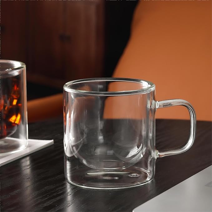 NIRA.Z Double Wall Glass Coffee Mugs Set of 4, 12 oz Insulated Borosilicate Glass Cups with Handle, Clear Thermal Espresso Latte Cappuccino Tea Cups for Hot & Cold Drinks