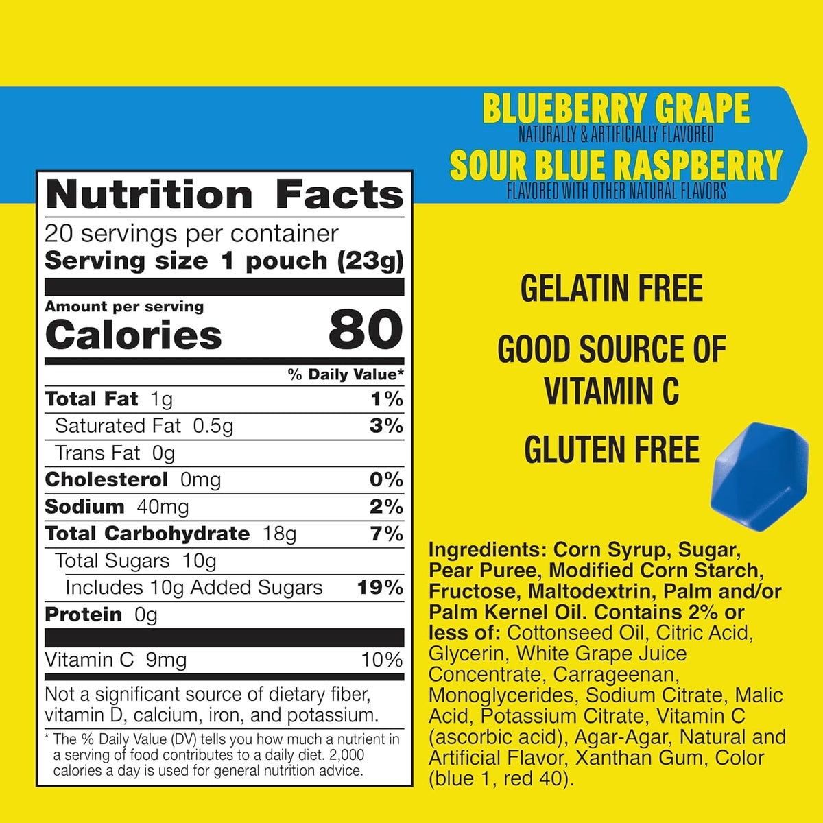 Gushers Fruit Flavored Snacks, Blueberry Grape, Sour Blue Raspberry, 20 Pouches, Family Pack, 16 oz