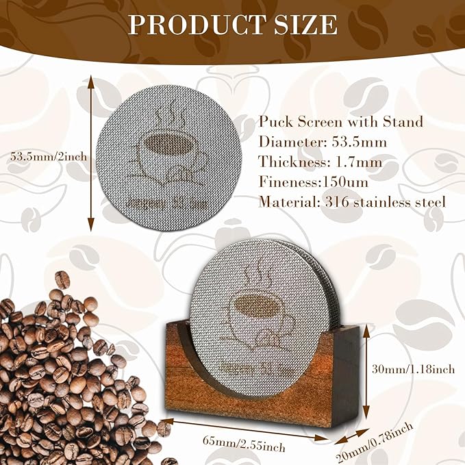2 Packs 53.5mm Espresso Puck Screen with Stand, Reusable Coffee Filters Compatible with Breville Barista 54mm Portafilter Basket, 1.7mm Thickness 150μm 316 Stainless Steel Espresso Machine Accessories