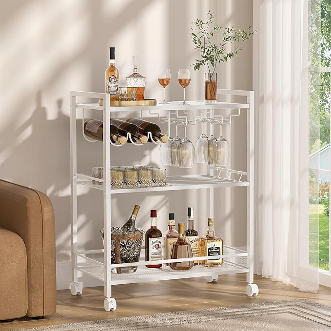 Bar Cart, Home Bar Serving Cart with 3-Tier Shelf,Microwave Cart with Lockable Wheels,Mobile Kitchen Shelf,Rolling Beverage Cart with Wine Rack and Glass Holder for Kitchen,Dinning Room,White