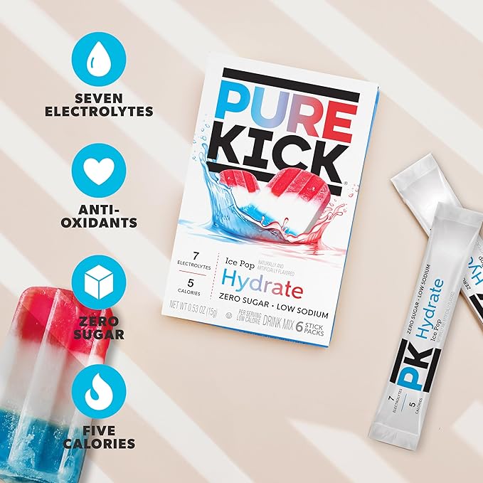 Pure Kick Hydration Singles To Go Drink Mix, Ice Pop, Includes 12 Boxes with 6 Packets in each Box, 72 Total Packets