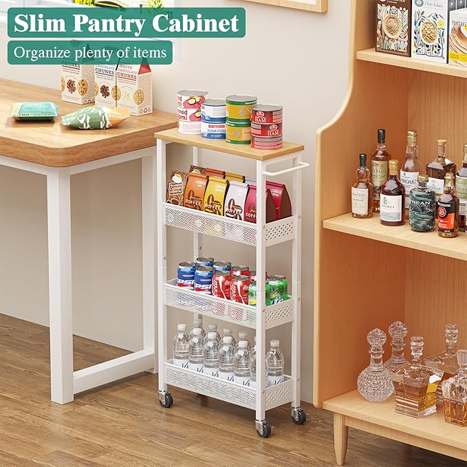 Giwil Slim Rolling Storage Cart 4 Tier Bathroom Organizer Mobile Shelving Unit Utility Cart with Wood Top and Handle for Kitchen Laundry Narrow Places, White