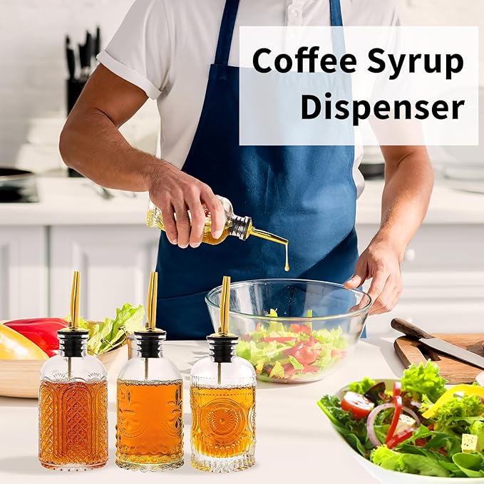 Syrup Dispenser Bottles Set of 3, Simple Syrup Bottle for Coffee Bar Accessories,7 oz Glass Coffee Syrup Containers for Maple Honey Syrup Oil, with Metal Pour Spouts, Stoppers,Condiments Dispenser