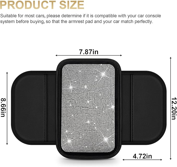 Center Console Cover Fit for Ridgeline: Upgraded Diamond Auto Middle Console Cover - Crystal Rhinestone Armrest Cover for Car with 2 Storage Bags,Anti-Scratch Auto Armrest Pad Accessory （Black