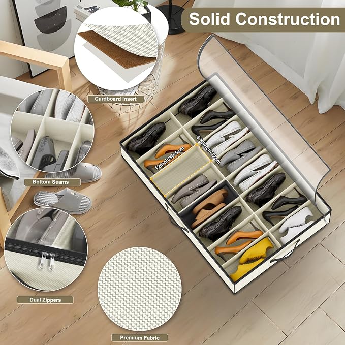 homyfort 32 Pairs Shoe Organizer Under Bed, Sturdy Underbed Shoe Storage Boxes Bins, Organizador De Zapatos, Extra Large Zapateras Organizer, Beige, Set of 2