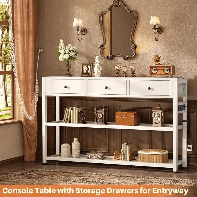 Ecoprsio 47'' Entryway Table with Outlets and USB Ports, Console Table with 3 Drawers, Sofa Table Narrow Long with Storage Shelves for Living Room, Couch, Hallway, Foyer, Kitchen Counter, White