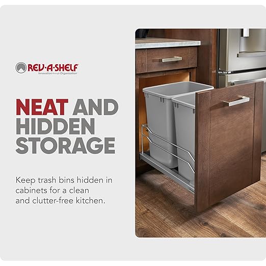 Rev-A-Shelf Double 35 Qt Pullout Trash Cans with Soft-Close for Under Kitchen Cabinets, Min Opening Width of 14.5", Metallic Silver, 53WC-1835SCDM-217