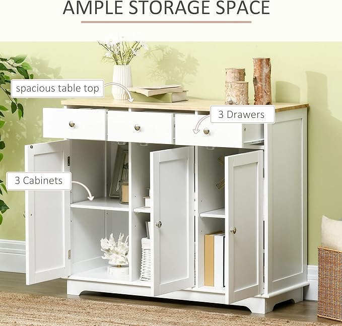 HOMCOM Sideboard Buffet Cabinet with Solid Wood Countertop, Modern Kitchen Storage Cabinet, Coffee Bar Cabinet with 3 Drawers, Doors and Adjustable Shelf, White
