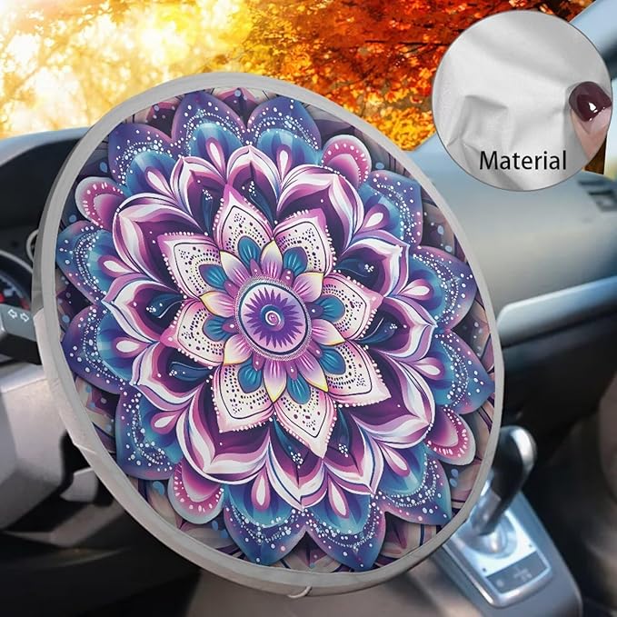 Mandala Steering Wheel Sunshade Purple Heat Resistant Steering Wheel Cover Sunblock Cover for SUV Vehicle Sedan Truck Summer Essential Gift for Holiday