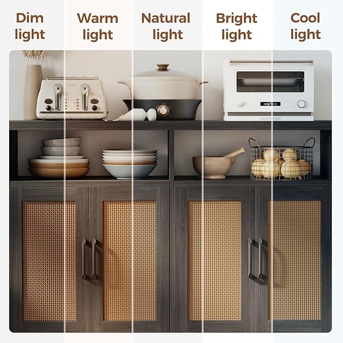 Mericonia Rattan Buffet Cabinet with Storage, Sideboard with Doors, Console Table, Farmhouse Coffee Bar, Modern Wood Storage Cabinets TV Stand(Brown Black 2.0)