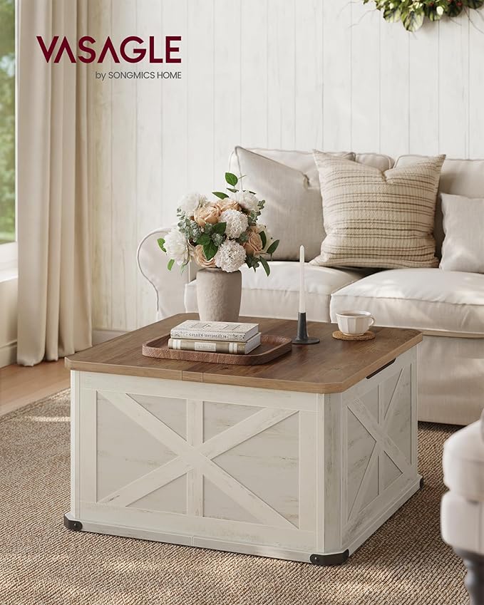 VASAGLE LIRY Collection - Farmhouse Coffee Table with Storage, Square Center Coffee Table for Living Room, with Hidden Compartment, Flip-Top Lids, Honey Brown and Rustic White ULCT232W73