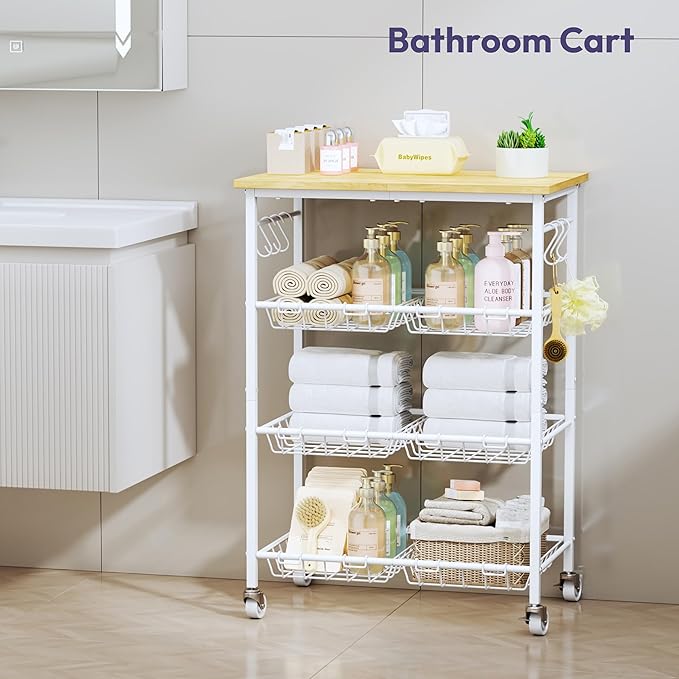 SWTYMIKI Rolling Kitchen Storage Cart - 4 Tier Microwave Table Stand with 6 Storage Baskets, Coffee Bar with Wheels, Kitchen Utility Cart Shelf Rack Organizer for Fruit, Vegetables, Potato (White)