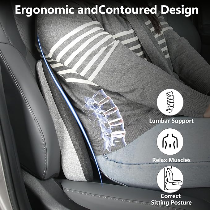 Car Seat Cushion, 2 in 1 Wedge Car Cushions or Lumbar Support for Driving, Extra Large Memory Foam Seat Cushion for Sciatica Pain Relief, Driver Seat Cushion for Car Truck, Black