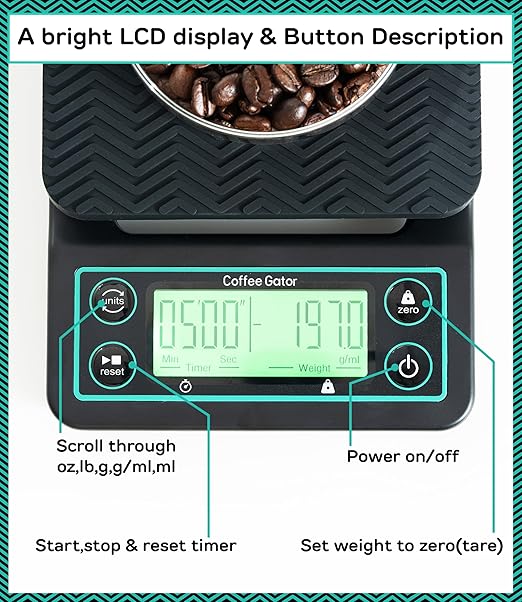 Coffee Gator Coffee Scale 0.1g Precision with Timer - 3kg Digital Scale ﻿Large LCD Weighing Kitchen Multifunctional for Pour Over, French Press, Espresso, Bean, Food, Drink