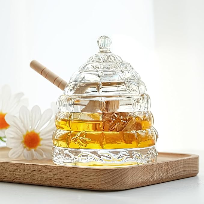 kanpura Honey Pot with Dipper and Lid 3.7oz Glass Honey Jar with Wooden Dippers Stick Set Syrup Dispenser for Home Kitchen (Clear)