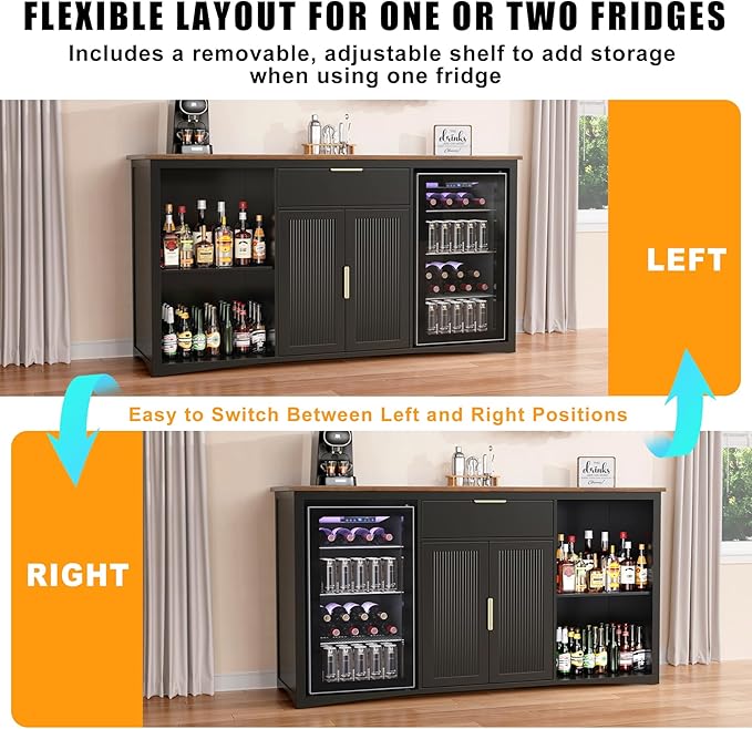 GDLF Long Coffee Bar Cabinet with Fridge Space, Modern Wine Liquor Cabinet with Storage & Power Outlet, Buffet Sideboard with Fluted Doors for Home, 70.1 Inch, Black