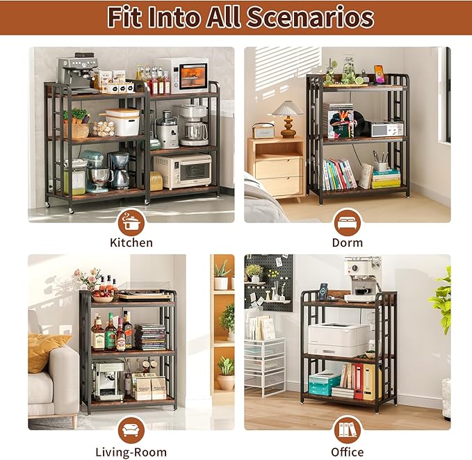 Bakers Rack with Power Outlet,Adjustable Microwave Stand with Storage,3-Tier Kitchen Shelves,Microwave cart Suitable for Kitchen,Dinning Room,Coffee Bar,Living Room,Rustic Brown
