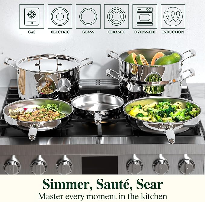 Umite Chef 17Pcs 5 Ply Clad Stainless Steel Cookware Set with Lids, Heavy Duty Pots and Pans Kitchen Set, Induction-Ready, Dual Aluminum Core for Even Heat, Cool Grip Handles, Dishwasher Safe