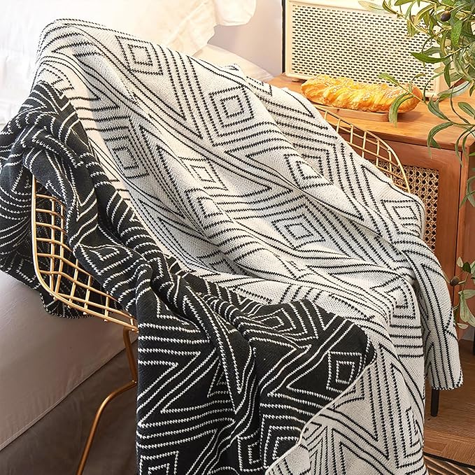 Black and White Throw Blankets, Knitted Modern Patterned Throw Blanket, Soft Lightweight Woven Throw Blanket for Sofa Couch Bed and Living Room, Black&White (50x60 Inch)