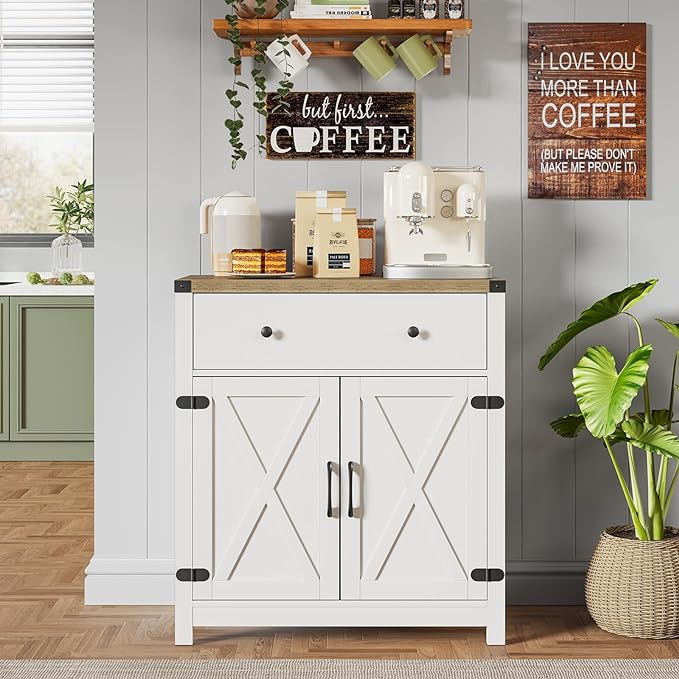 Coffee Bar Kitchen Storage Cabinet,Sideboard Buffet with Storage,Farmhouse Bar Door Kitchen Cabinet with Drawer and Adjustable Shlef, White,(13.8" D x 31.5" W x 34.65" H inch