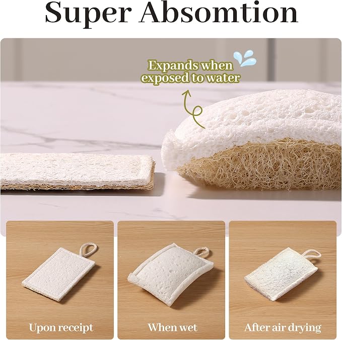 JOYMOOP Compressed Cellulose & Loofah Scrubbers, Non-Scratch Scrub Sponge, Kitchen Sponges for Dishes, 24-Pack, Dual-Sided Dish Sponge for Nonstick Cookware & All Surfaces