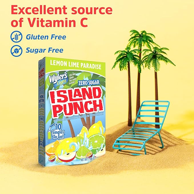 Wyler’s Light Island Punch Singles To Go, Lemon Lime Paradise, 10-Count per Box (12 Pack) – Low Calorie Powdered Drink Mixes, Caffeine Free, Gluten Free, and Zero Sugar, 120 Total Powder Packets