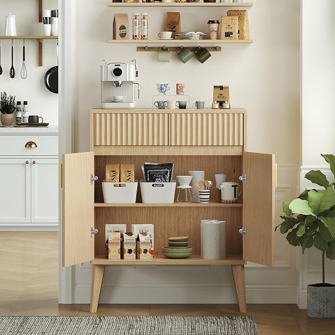 Sideboard Storage Cabinet with 2 Drawers & 2 Doors, Fluted Kitchen Buffet Cabinet with Adjustable Shelves, Coffee Bar Station for Living Room, Entryway, 13.8 x 27.6 x 35.6 in., Natural Wood